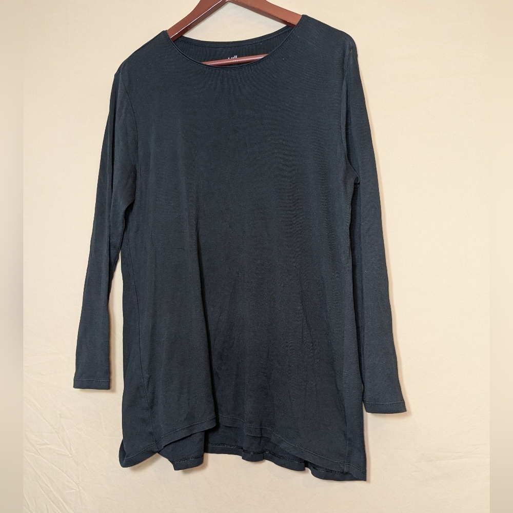 J. Jill Perfect Pima Delicate Trim Tunic Crew Neck 3/4 Sleeve Tee Black L Petite